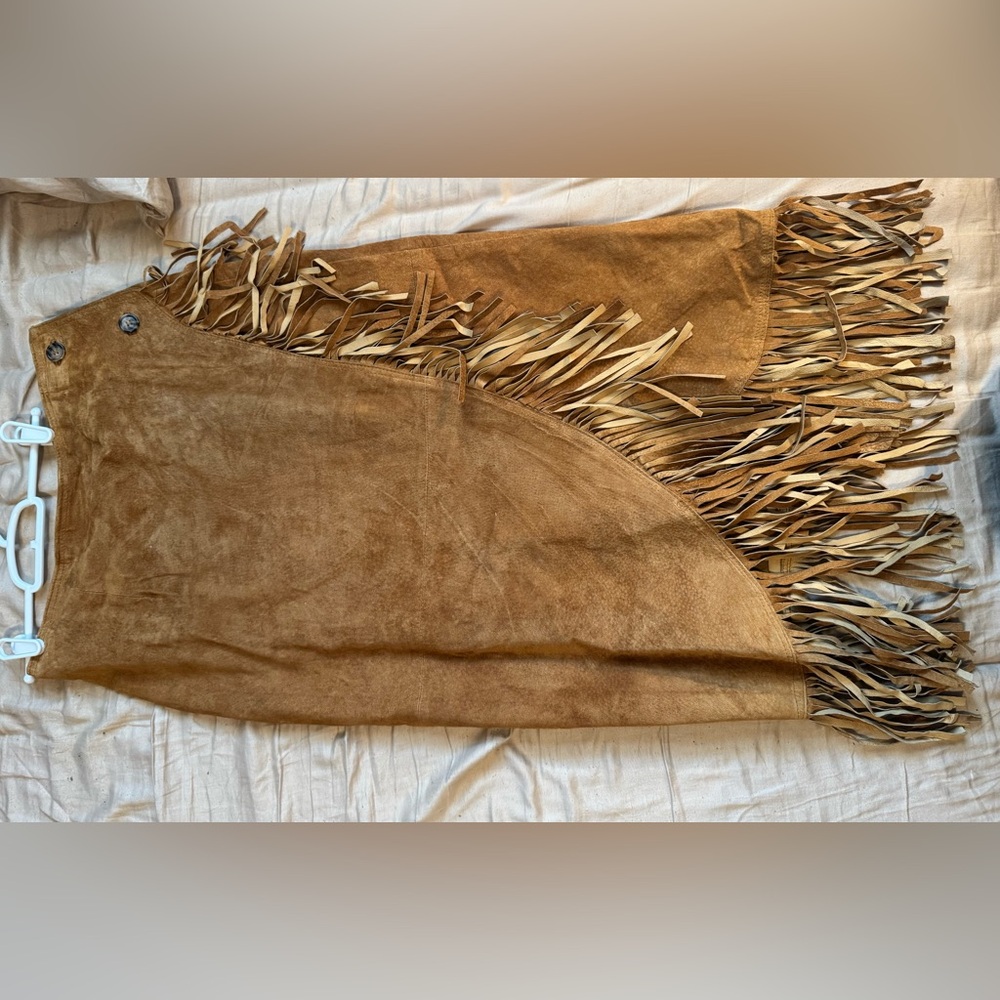 Vintage 1980 Stylework suede/ leather wrap skirt with fringe